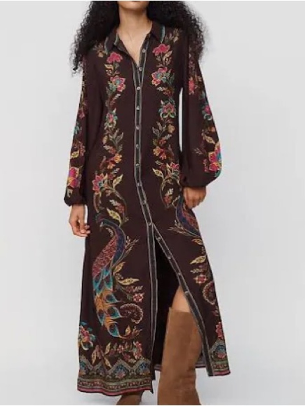Farm Rio Anthropologie Maxi Dress Womens M Brown NWT Boho Peacock Floral Viscose